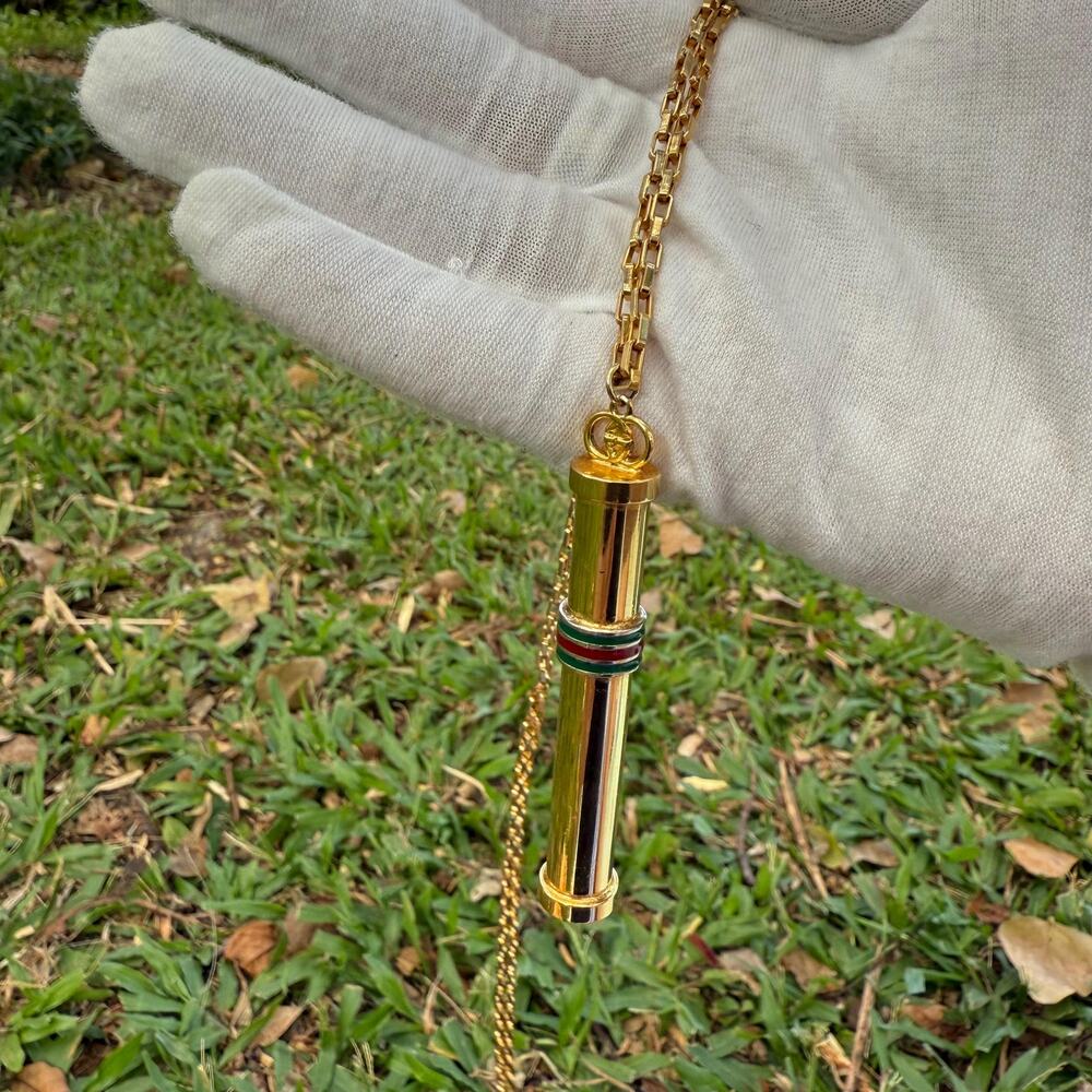 Vintage Gucci Golden Stick Perfume Bottle Necklace Webbing Green Red Sherry Line - Picture 3 of 11